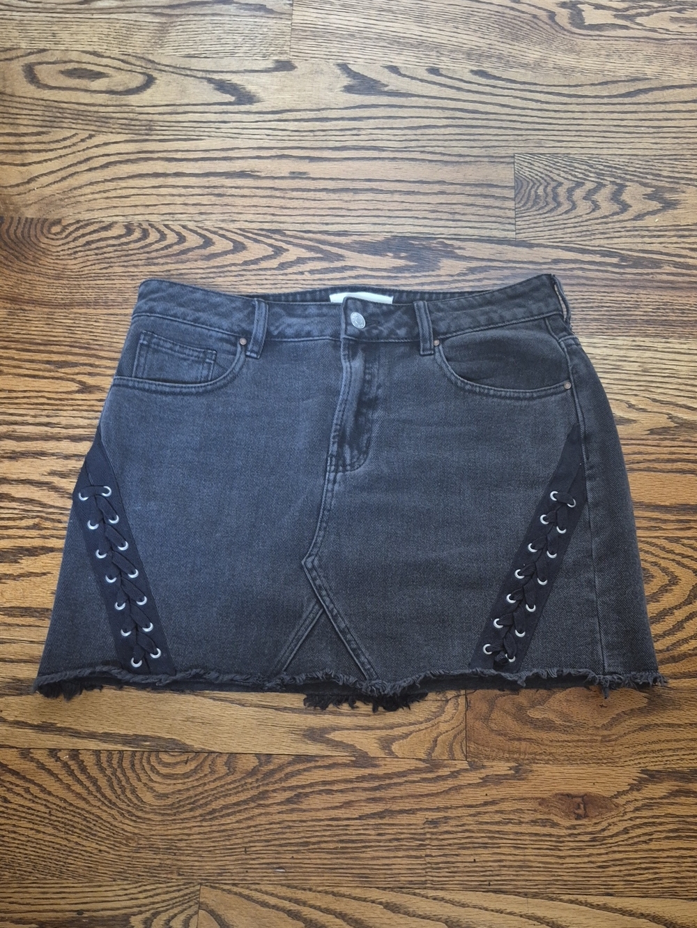 Black Lace-Up Side Detailed Denim Mini Skirt